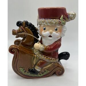 Santa on Rocking Horse‎ Votive Holder Yankee Candle Pottery 6 3/4" Red Brown